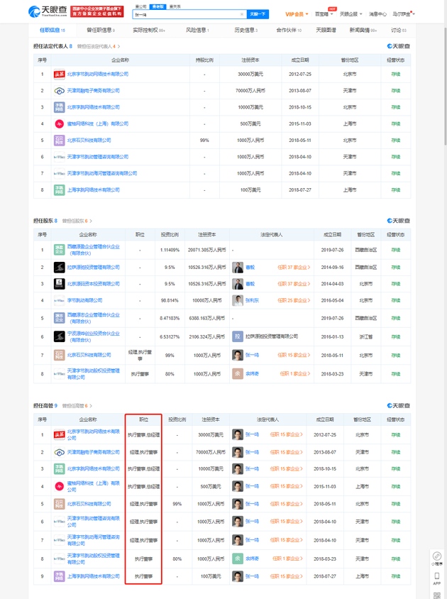 字节跳动张一鸣将卸任CEO天眼查显示其仍有数百家公司的实际控制权